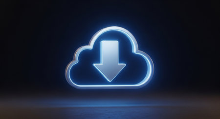 Glowing neon download icon on dark background. 3D rendering.の素材
