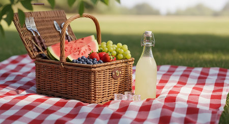 Picnic basket with fruits and bottle of juice on tablecloth in parkの素材