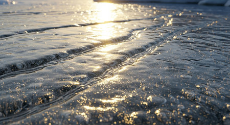 Frozen Baltic sea beach at sunset or sunrise. Ice texture.の素材