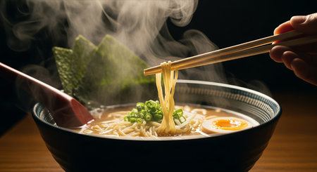Japanese ramen noodle soup with chopsticks on a wooden tableの素材