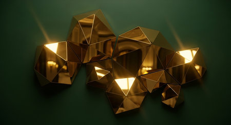 3d rendering of golden geometric shapes in front of a dark backgroundの素材