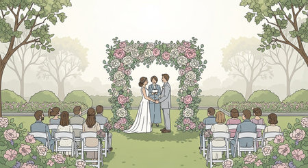 Wedding ceremony in the park. Bride and groom in the garden.の素材