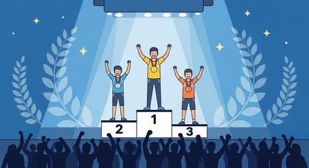 Winners on podium. Vector illustration in flat cartoon style. Award ceremony.の素材