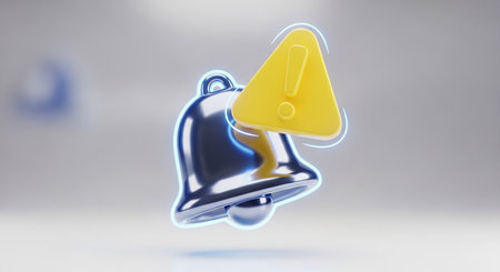 3D Illustration of a Bell with Exclamation Mark in Light Backgroundの素材