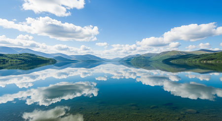 Landscape with mountain lake and clouds reflected in water, Carpathians, Ukraineの素材