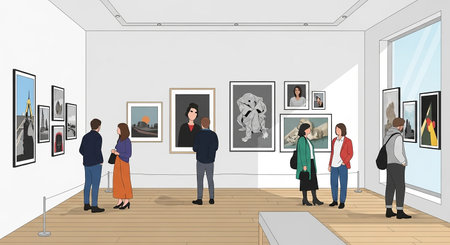 People looking at painting in art gallery. Vector illustration of museum interiorの素材