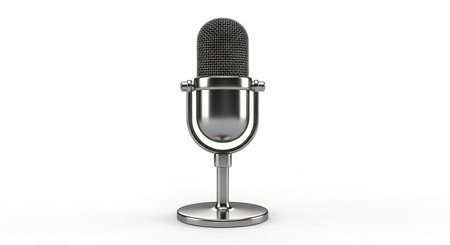 3d rendering of a microphone isolated in white studio background with shadowの素材