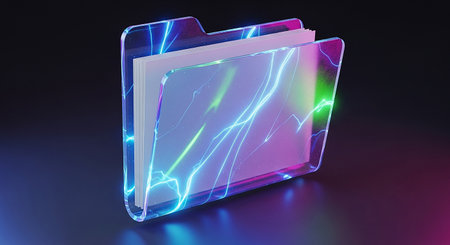 3D rendering of a computer folder with lightning on a dark backgroundの素材