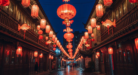 Colorful Chinese lanterns decorate the streets of Xian, Chinaの素材