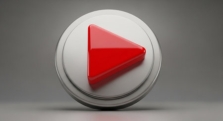 3D render of red play button on gray background. This is a 3d render illustration.の素材
