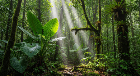 Tropical rainforest with sunbeams in the morning.の素材