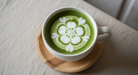 A cup of matcha latte green tea on wooden table.の素材