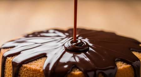 Chocolate cake with chocolate syrup on wooden background. Selective focus.の素材