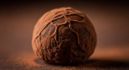 Chocolate truffles with cocoa powder on wooden background. Selective focus.の素材