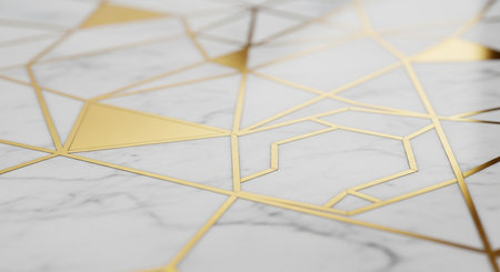 Abstract golden lines on white marble texture background. 3D render illustrationの素材