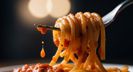Spaghetti with tomato sauce on a fork. Selective focus.の素材