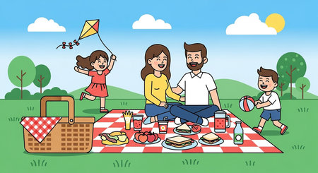 Family picnic in the park. Vector illustration in flat cartoon style.の素材