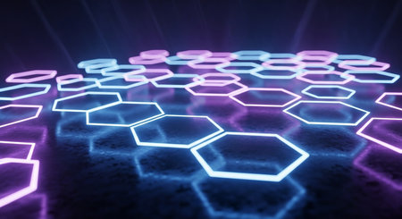 3d rendering of neon hexagons. Abstract background with hexagons.の素材