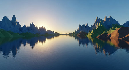 Mountains and the lake. 3d render. Computer graphics.の素材