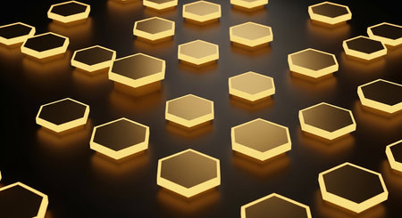 Abstract 3d rendering of chaotic hexagons. Dark background with golden hexagons.の素材