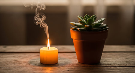 Burning candle and succulent plant in a pot on a wooden tableの素材