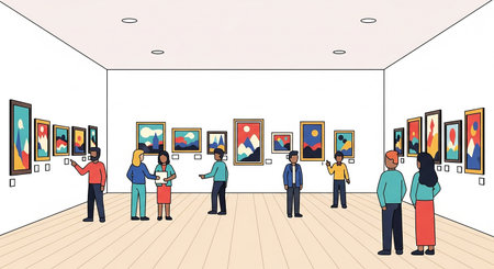 People looking at paintings in art gallery. Art exhibition, gallery interior. Vector illustrationの素材