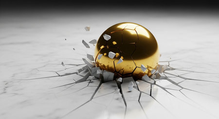 Broken golden ball on white marble background. 3d render illustrationの素材