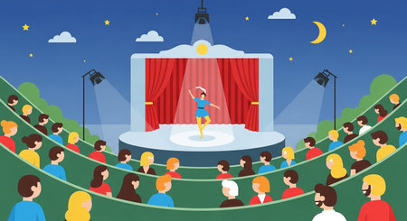 Cinema show flat vector illustration. Cartoon woman on stage in front of crowd of people.の素材