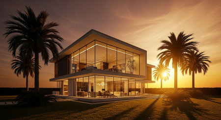 3d rendering of a modern house with palm trees and sunset skyの素材