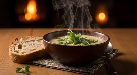 Creamy soup with parsley in a bowl on a wooden tableの素材