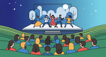 Illustration of a crowd of people watching a movie on the screenの素材