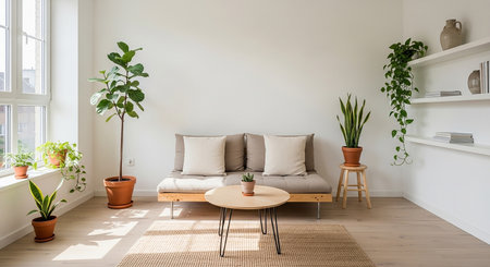 Interior of modern living room with sofa, coffee table and plantsの素材