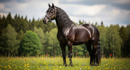 Beautiful black stallion with long mane standing in meadowの素材