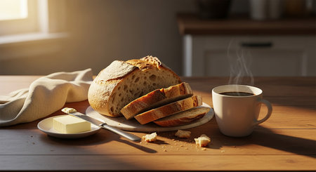 Cup of coffee and bread on the table in the morning lightの素材