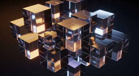 Abstract 3d rendering of chaotic geometric shape. Reflective surface with glowing cubes.の素材