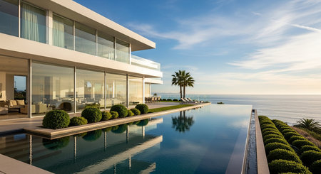 3d rendering of modern luxury house with swimming pool and sea viewの素材