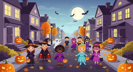 Halloween kids trick or treat. Kids in costumes with pumpkin lanterns, bats, ghosts and pumpkins on the street. Vector illustrationの素材