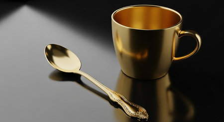 Golden cup and spoon on a black background. 3D illustration.の素材