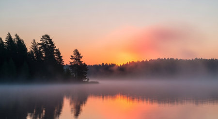 Foggy morning on a lake in the woods. Panoramaの素材