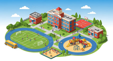 Isometric school building with children playing on playground. Vector illustration.の素材