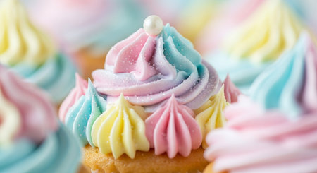 Cupcakes with colorful frosting on top. Close up.の素材