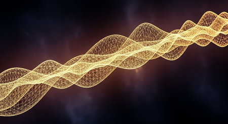Abstract 3d rendering of golden wavy lines on black background.の素材