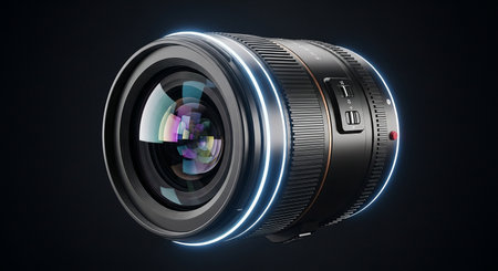 Camera lens with reflection on black background. 3D rendering and illustration.の素材