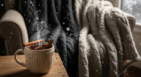 Cup of hot mulled wine with cinnamon sticks on wooden tableの素材