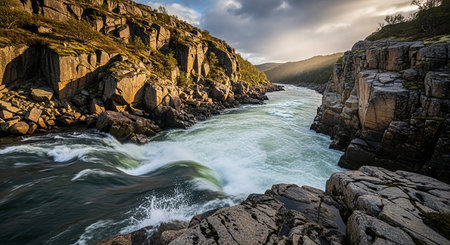 Waves breaking on the shore of a mountain river in the Scottish Highlandsの素材