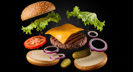Hamburger with flying ingredients on black background. 3d renderingの素材
