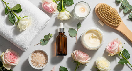 top view of cosmetic products and roses on white background, flat layの素材