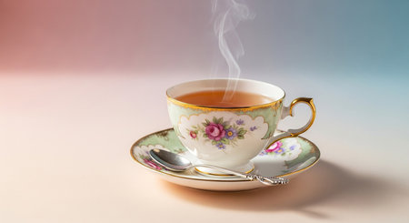 Cup of tea and saucer on pastel color background.の素材