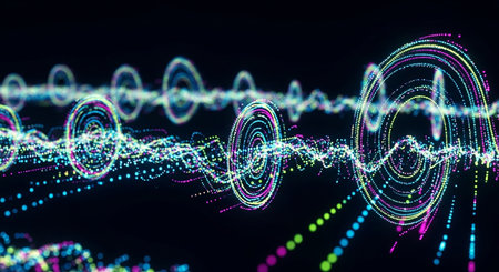 3d rendering of abstract digital particles with depth of field and bokeh effectの素材