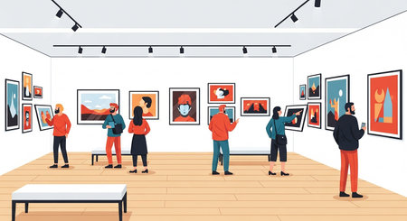 People visiting art gallery and looking at paintings and exhibits, flat vector illustration.の素材